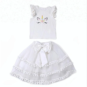 2019 Wholesale  Kids Fashionable Clothing  Unicorn Tutu WIth Pompom and Flutter Sleeve Shirt Girl Birthday Party Outfit