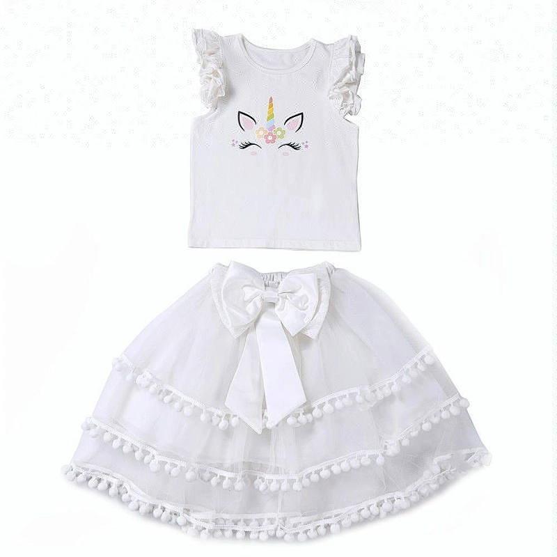 2019 Wholesale  Kids Fashionable Clothing  Unicorn Tutu WIth Pompom and Flutter Sleeve Shirt Girl Birthday Party Outfit
