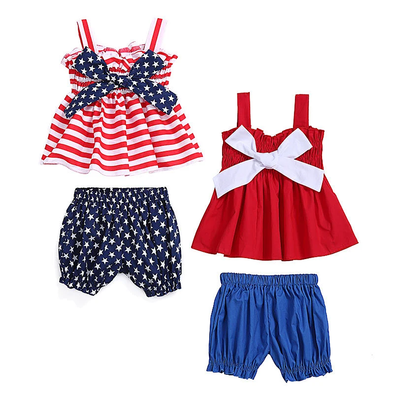 2018 new designs strap red dress with white bow and blue short baby girls fourth of July boutique outfits