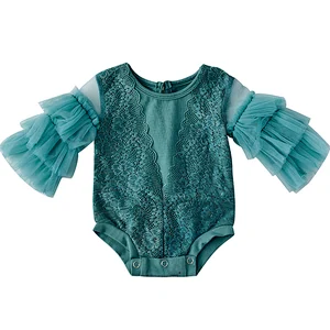 KAPU  Toddler cotton newborn baby girl fower lace flutter long sleeve romper clothes