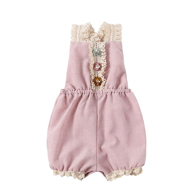 Infant and Toddler Sleeveless Lace Rompers with Hand Made Flowers Decoration