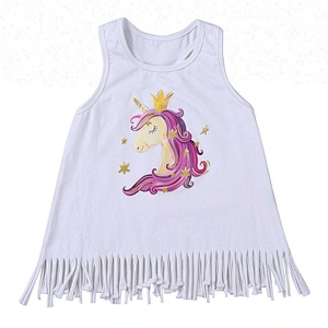 2018 Unique pink or white unicorn printed babe dress girl shirt girl fringe tank top