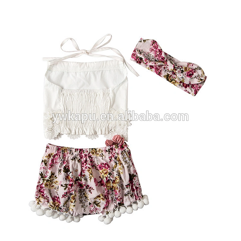Newborn Baby lace back tassels shirts and flower pompom shorts outfit With Headband
