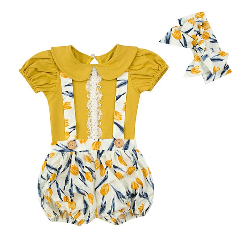 Lovely baby girls lantern pattern suspenders shorts short sleeve top clothing set