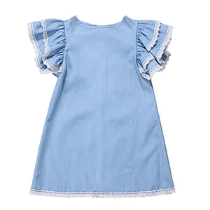 Denim Dress Baby Cotton Dresses Double-Cuffs Lace Denim Tunic Dress For Girl