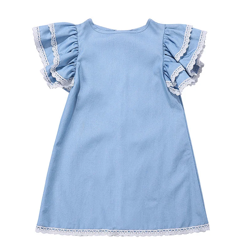 Denim Dress Baby Cotton Dresses Double-Cuffs Lace Denim Tunic Dress For Girl