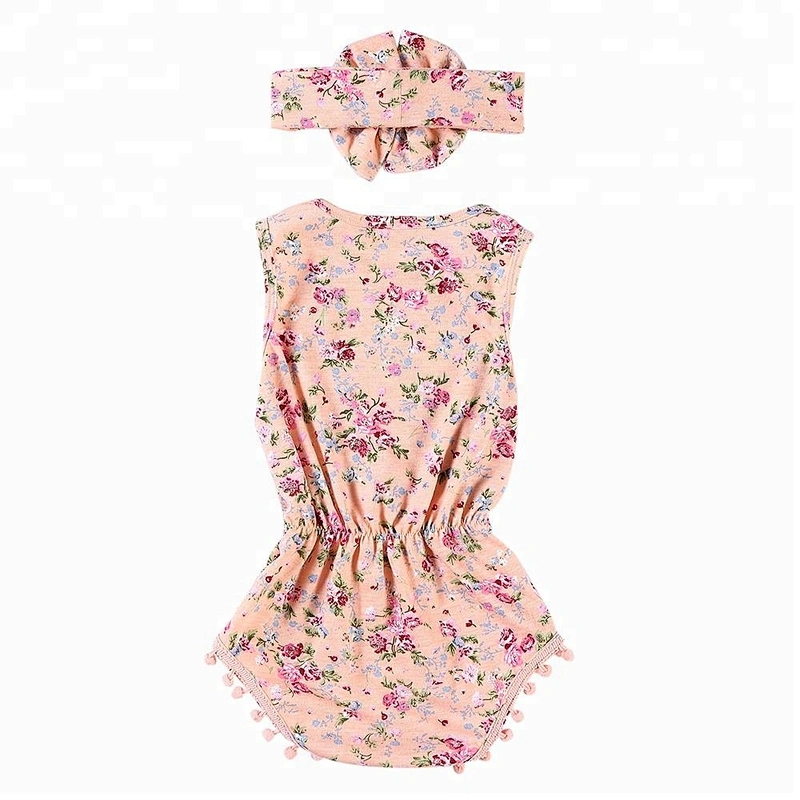 Spring baby girl clothing wholesale floral printed pompoms romper set with headband