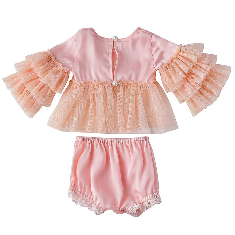 Boutique cute pink little baby girl long ruffle flower clothing  pearl tunic clothing set
