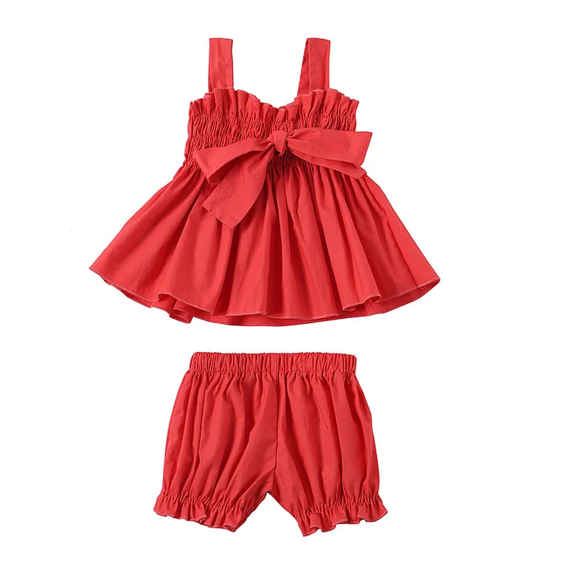 Wholesale 100% cotton baby clothes top sleeveless shirts with tunic shorts two pieces kids clothing sets