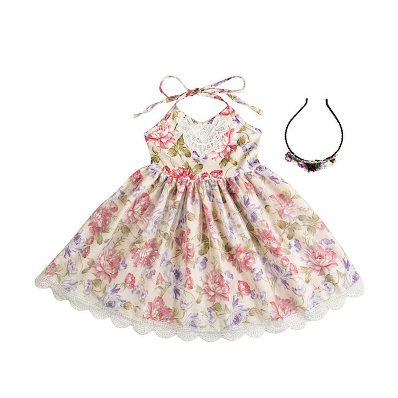 Baby Girl Kids Vintage Flower Floral Tutu Dress  Cotton Backless Princess Girl Dresses