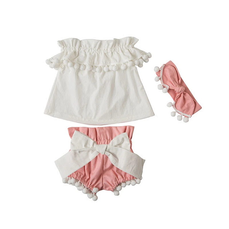 China product and wholesale pompom  with headband for baby kids for summer including shorts and top