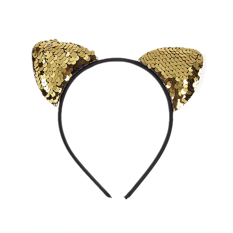 Custom Cute Sequin  Plastic Headband Girl Animal Black Glitter Paillette Cat Ear Headbands
