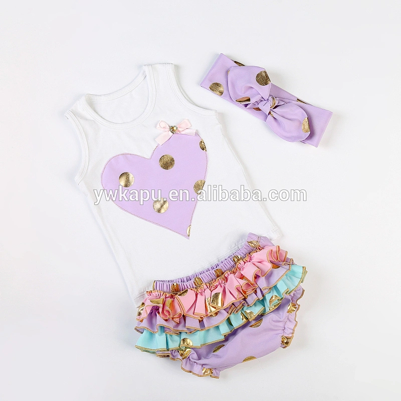Summer fashion beautiful gold polka dot top and ruffle bloomers 3 pieces baby girl outfit with headband
