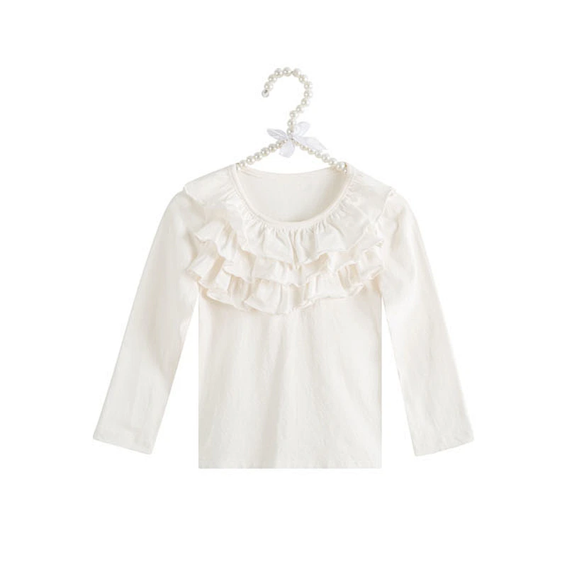2018 wholesale girls Pure White Lace tops cotton  Long sleeve  little girls  tops