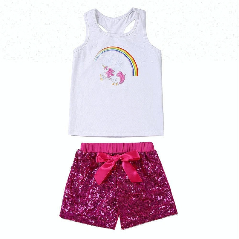 Newest unicorn printed tank top and sequin shorts with bowknot outfit girls unicorn set