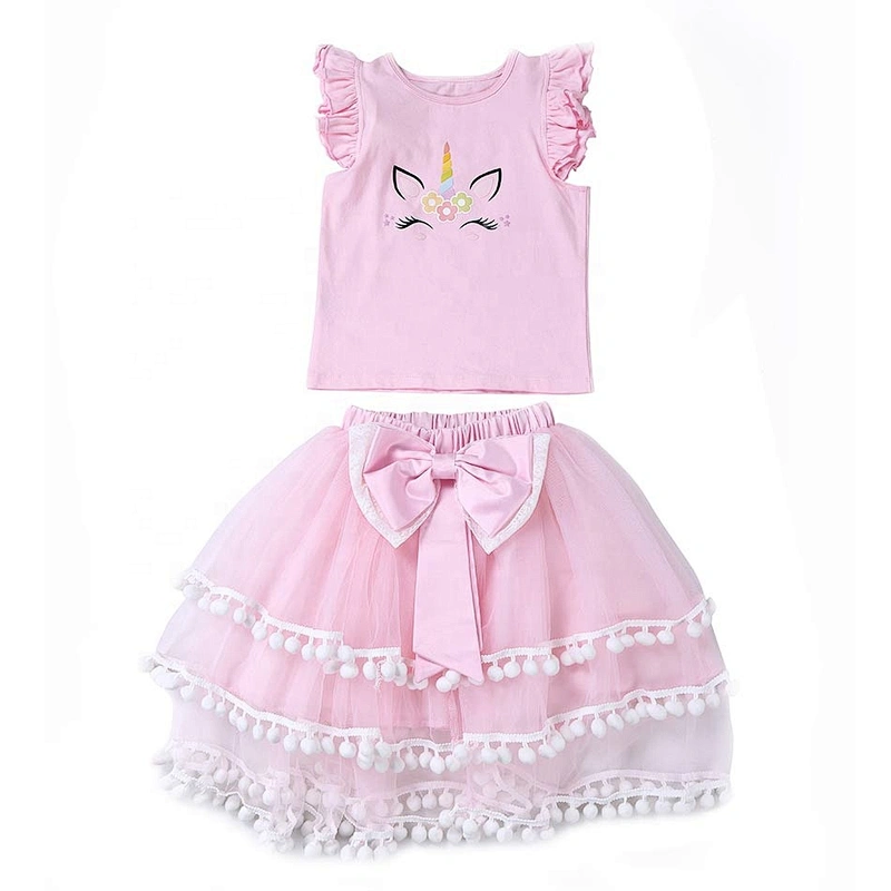 Beautiful Sky Blue Casual Dress Sets, Two Piece Pompom Skirt Sets for Children Girls