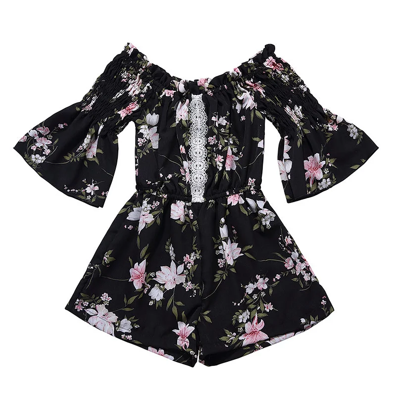 KAPU Wholesale Smoked printed flutter sleevs baby girl floral  Romper knit baby rompers