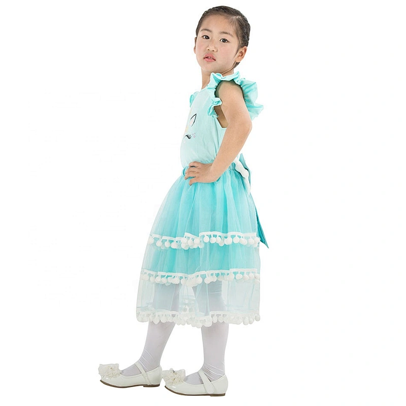 Beautiful Sky Blue Casual Dress Sets, Two Piece Pompom Skirt Sets for Children Girls
