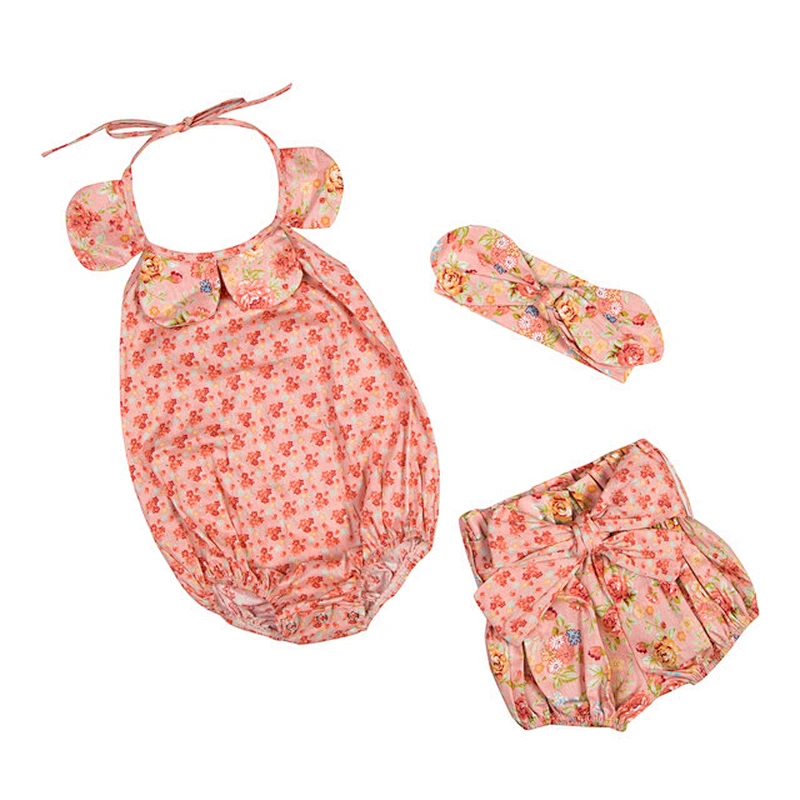 Baby Infant Girls Halter Flower Collar  Romper Short Pants Baby Clothing 3 PCs Sets With Floral Headband