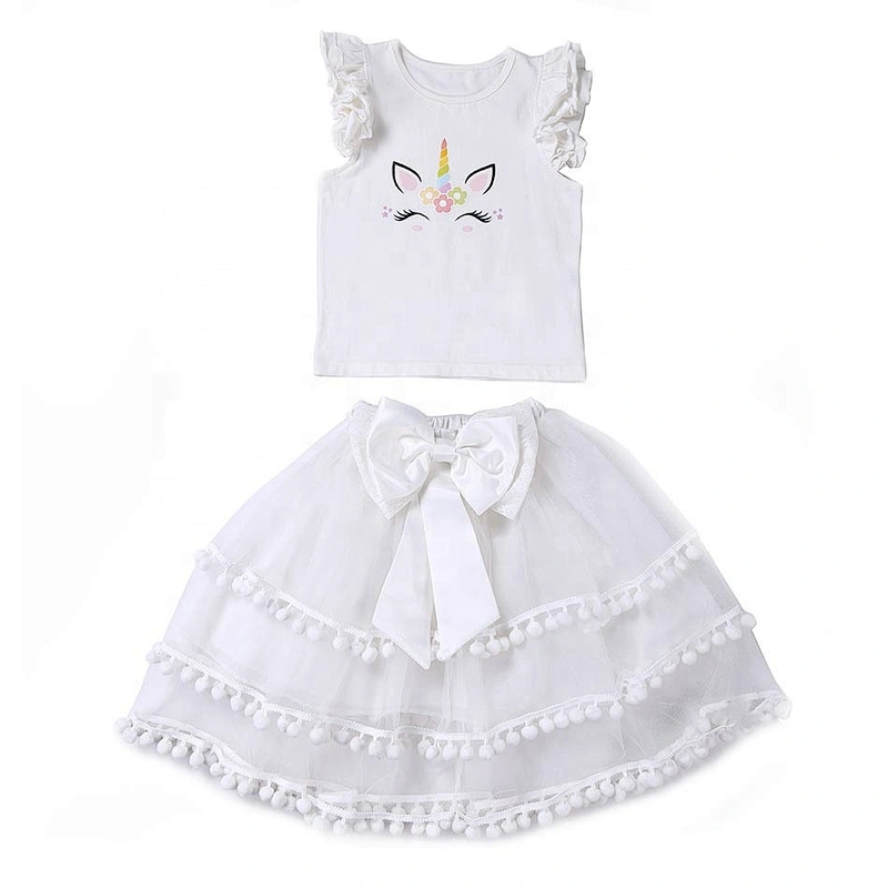 Beautiful Sky Blue Casual Dress Sets, Two Piece Pompom Skirt Sets for Children Girls