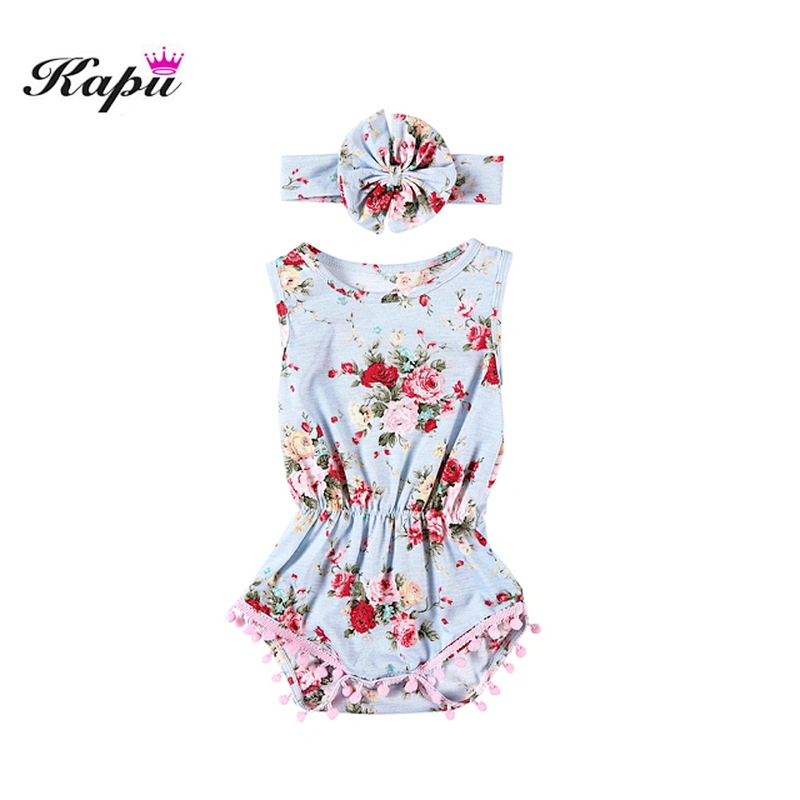 Hot Sale Floral Pompom Baby Romper set with headband