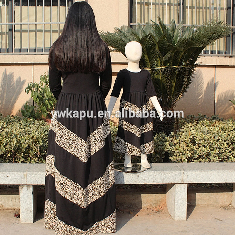2018 Wholesale mother and daughter latest fashion long sleeve black leopard maxi dress