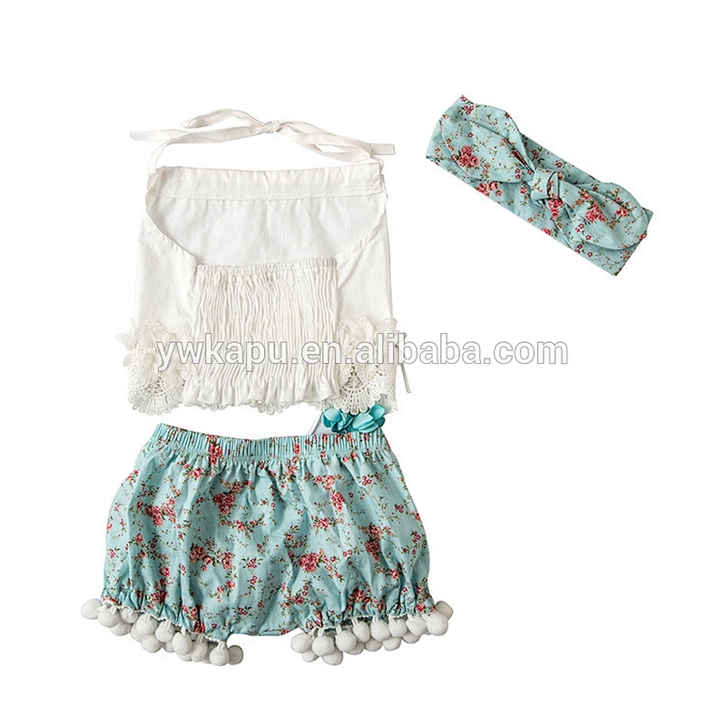 Infant toddler girls tassel tops lace shirts flower pompom shorts with bowknot 3Pcs set summer outfit