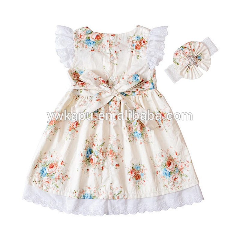 Newest Cotton Baby Girl Lace Dress,Boutique Bow Headband Girl Flutter Sleeve Dresses