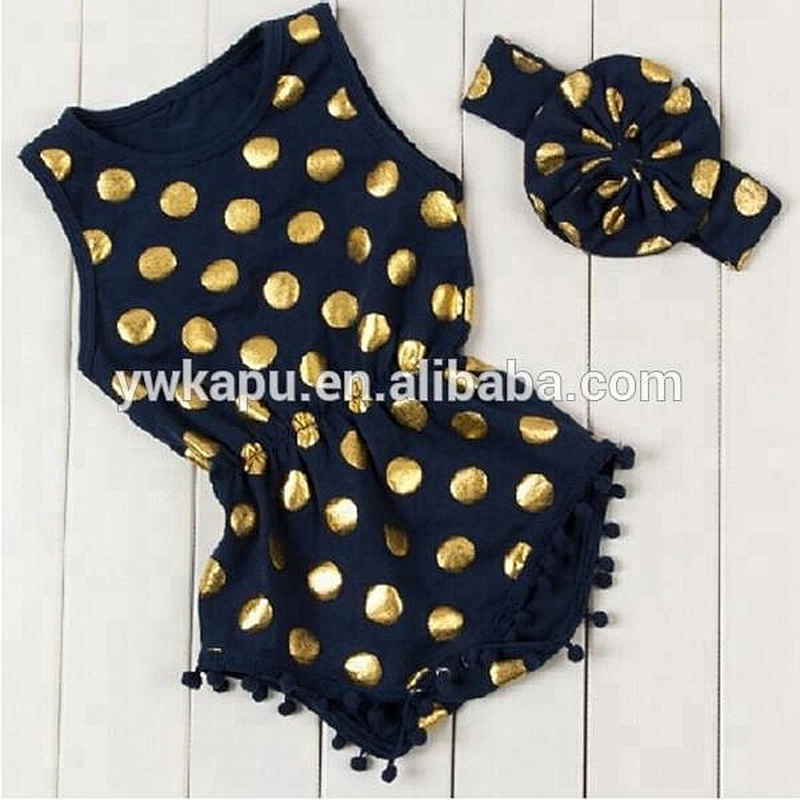 2018 European baby clothing wholesale polka dot pompom adult baby romper with headband
