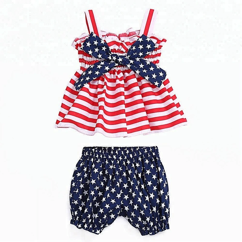 Wholesale patriotic clothing high quality baby girl stripe strap tunic top and star short fourth of July outfit