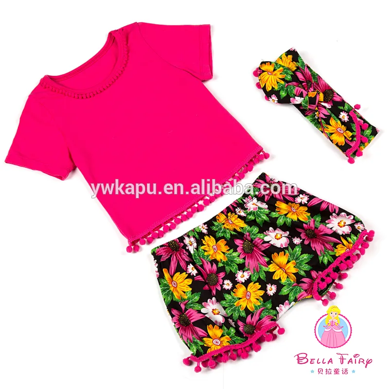 New arrival baby summer outfits girls cute pompom patterns clothes kids lovely short sleeve outfit set
