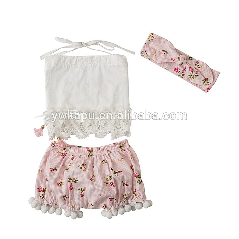 New arrivals lovely baby girl clothes wholesale sleeveless lace top pompom short set with bowknot