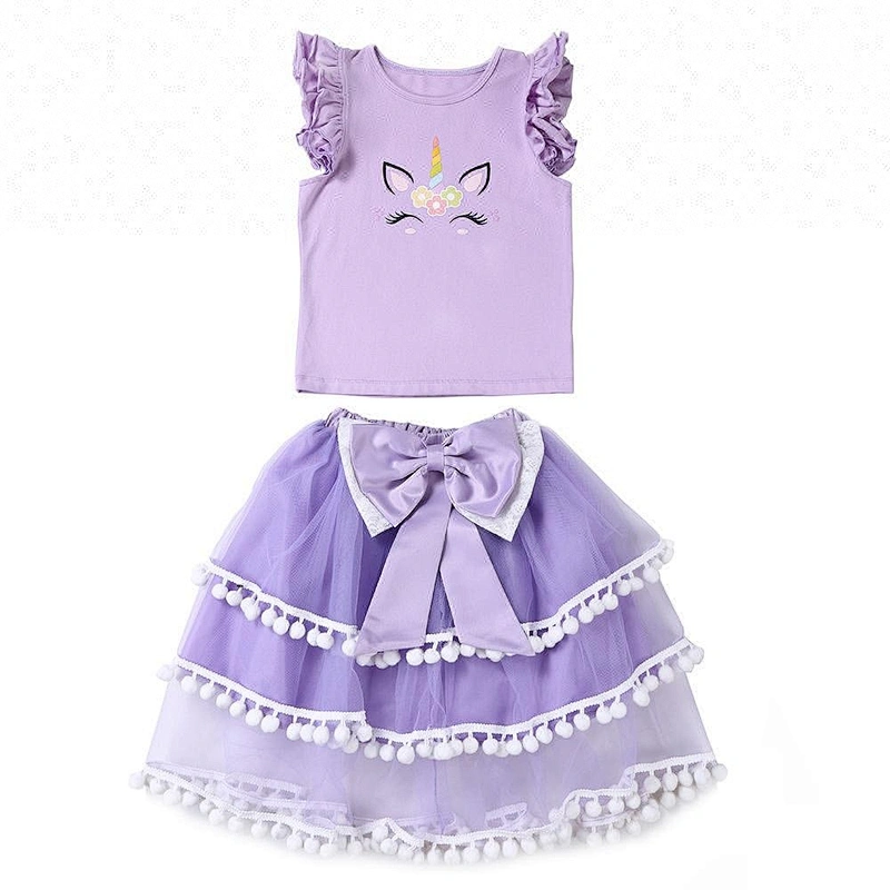 2018 Stylish Kids Baby Girls Casual Summer Unicorn Ruffle Top Shirt And Pompom Tutu Birthday Outfits