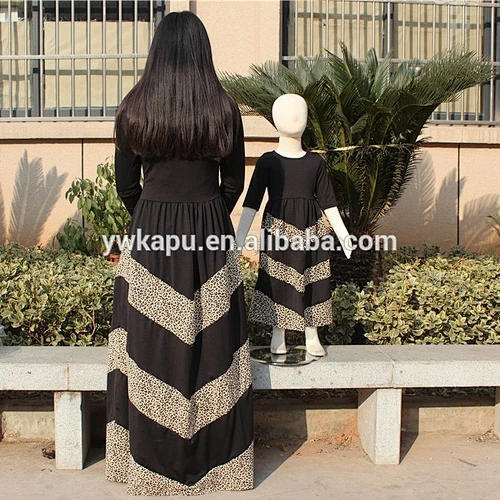 2018 Wholesale mother and daughter latest fashion long sleeve black leopard maxi dress