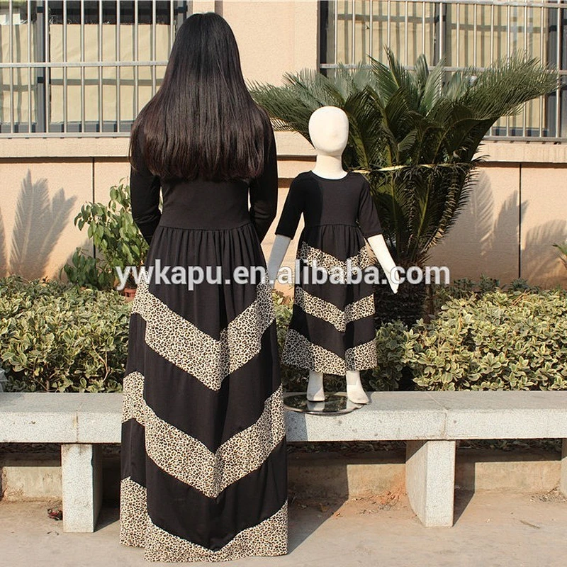 2018 Wholesale mother and daughter latest fashion long sleeve black leopard maxi dress