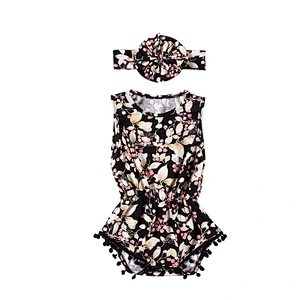 New design  2 PCs ruffle pompom romper with flower headband sets fancy baby girl romper outfits