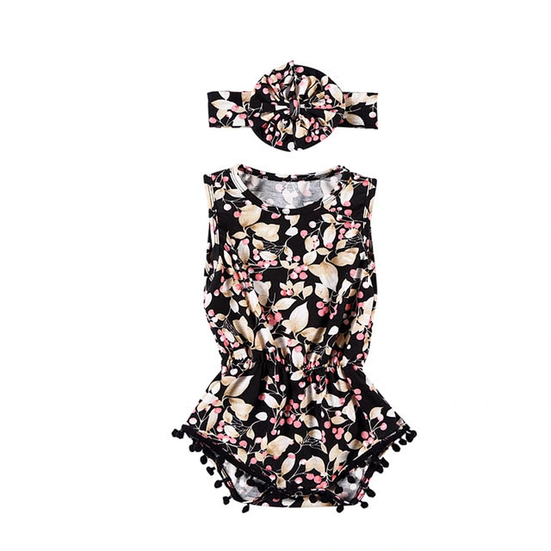 New design  2 PCs ruffle pompom romper with flower headband sets fancy baby girl romper outfits