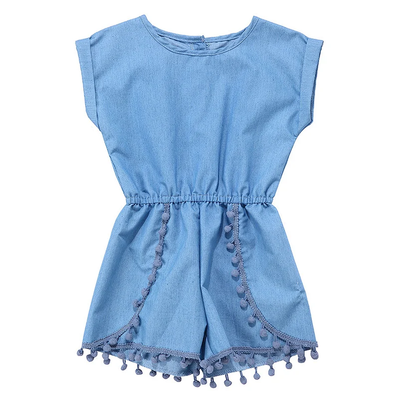 2019 Trending Baby Denim Clothing  Denim Pompoms jumpsuitt For Baby Girls