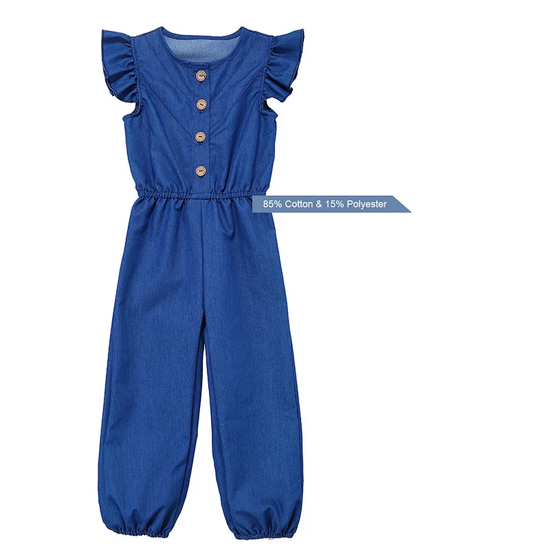 Cotton footed jean jumpsuit short sleeve long leg baby girl denim romper with feet