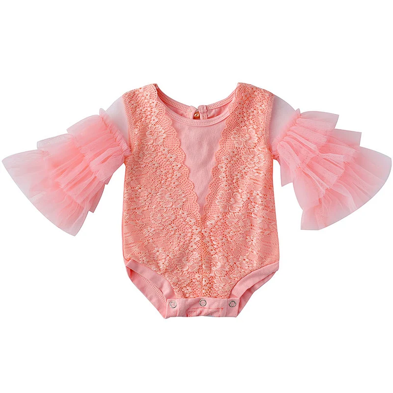 KAPU  Toddler cotton newborn baby girl fower lace flutter long sleeve romper clothes