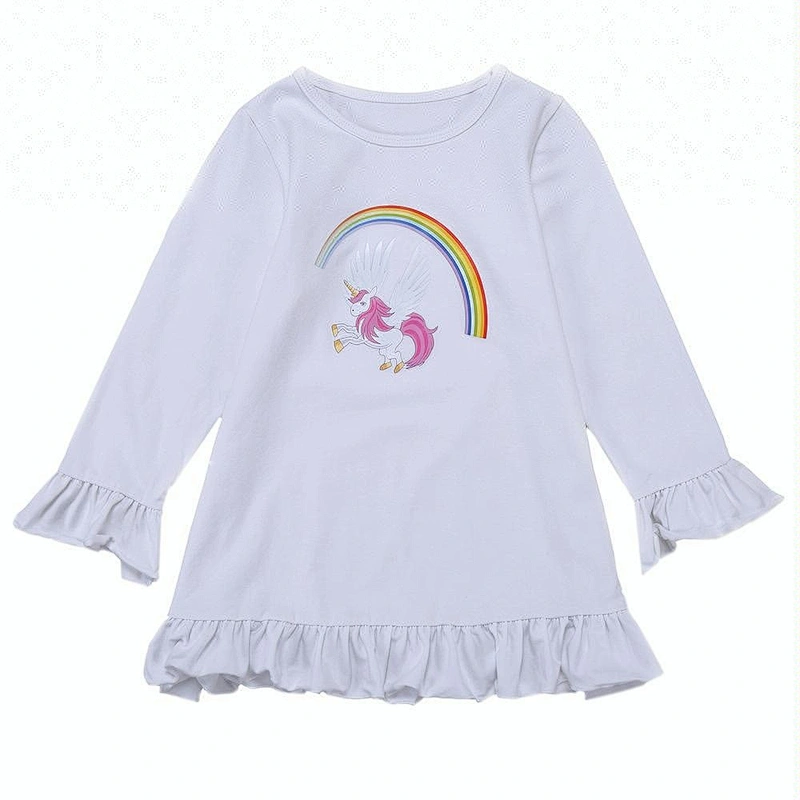 Latest tops designs unicorn printed girls clothing baby girl long sleeve ruffle tops