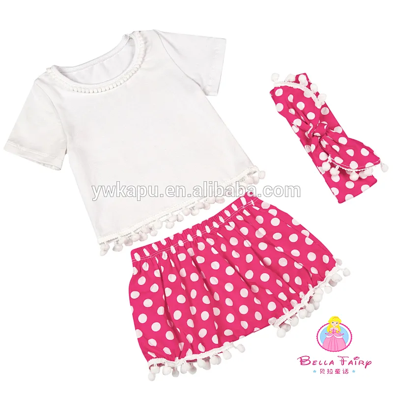 New arrival baby summer outfits girls cute pompom patterns clothes kids lovely short sleeve outfit set