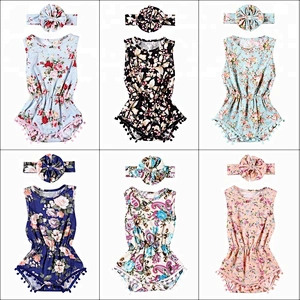 Spring baby girl clothing wholesale floral printed pompoms romper set with headband
