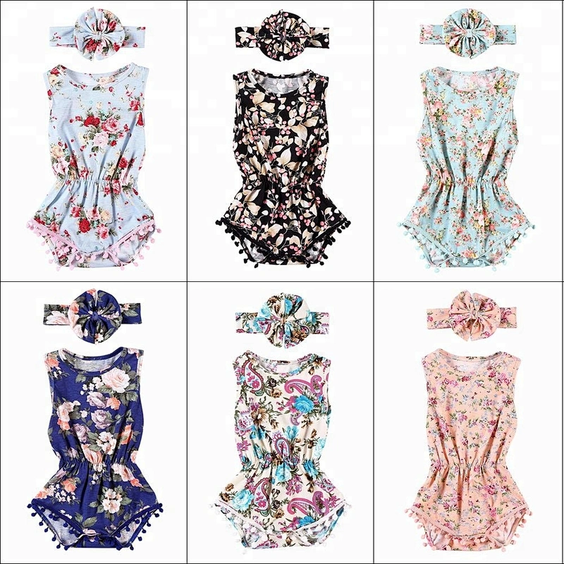 Spring baby girl clothing wholesale floral printed pompoms romper set with headband