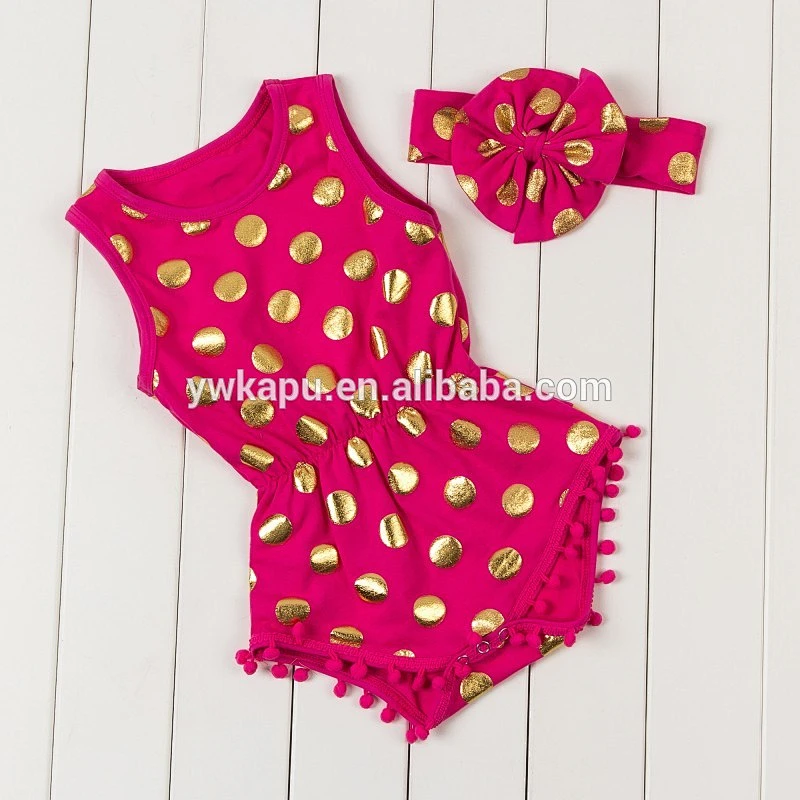 2018 Baby boutique clothes Hot stamping polka dot romper baby girl bodysuit pompom romper