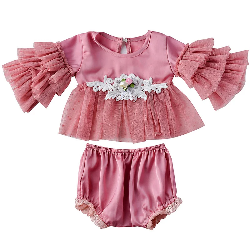 Boutique cute pink little baby girl long ruffle flower clothing  pearl tunic clothing set
