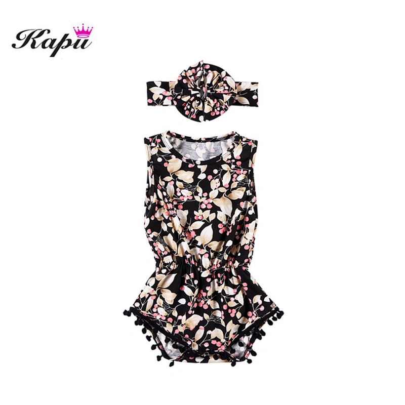 Hot Sale Floral Pompom Baby Romper set with headband