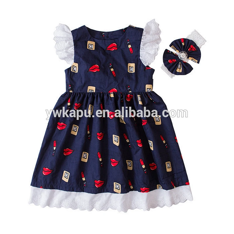 2018 spring wholesale new polyester cotton printing little girl flutter sleeve tunic dress with lace