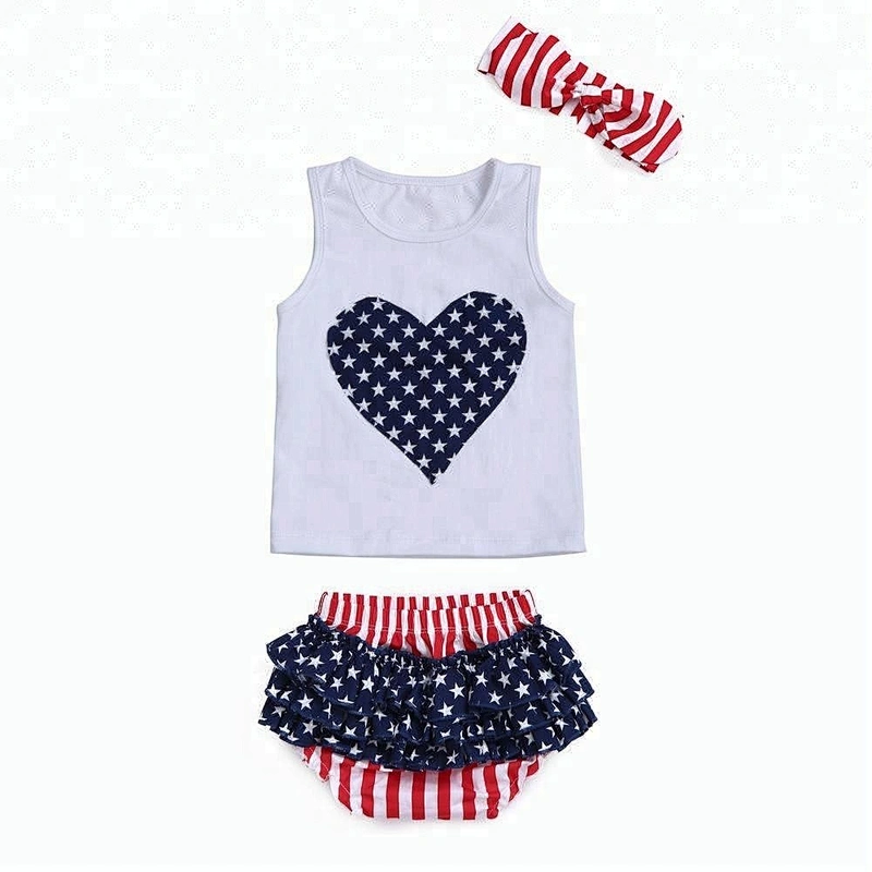 2018 Newest design patriotic high quality sleeveless top and ruffle bloomers 4th of July baby girl outfit