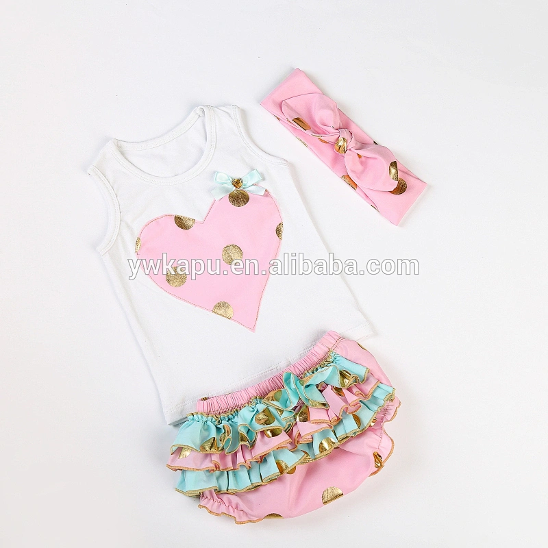 Summer fashion beautiful gold polka dot top and ruffle bloomers 3 pieces baby girl outfit with headband